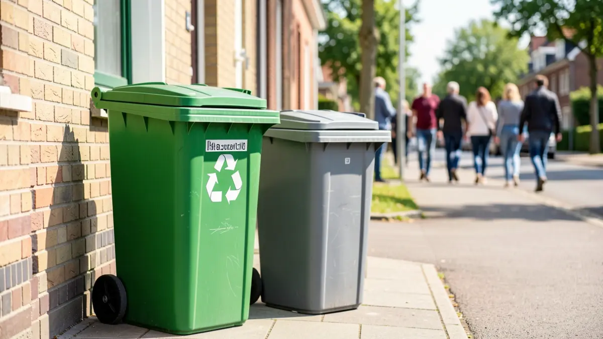Image générique de poubelles grises et jaunes sur un trottoir.