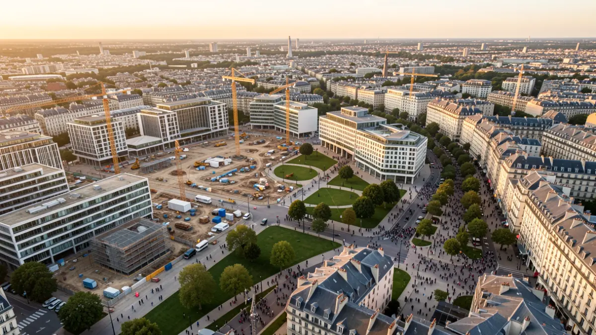 Image générique d'un grand projet de développement urbain en cours dans une ville française, montrant un mélange de bâtiments modernes et de zones en construction.