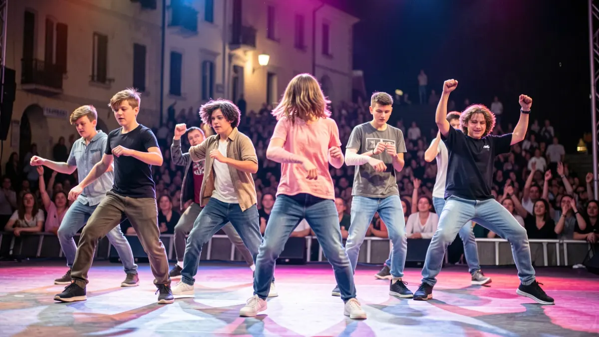 Generic image of young dancers in action on stage, with dynamic lighting and a blurred crowd in the background.