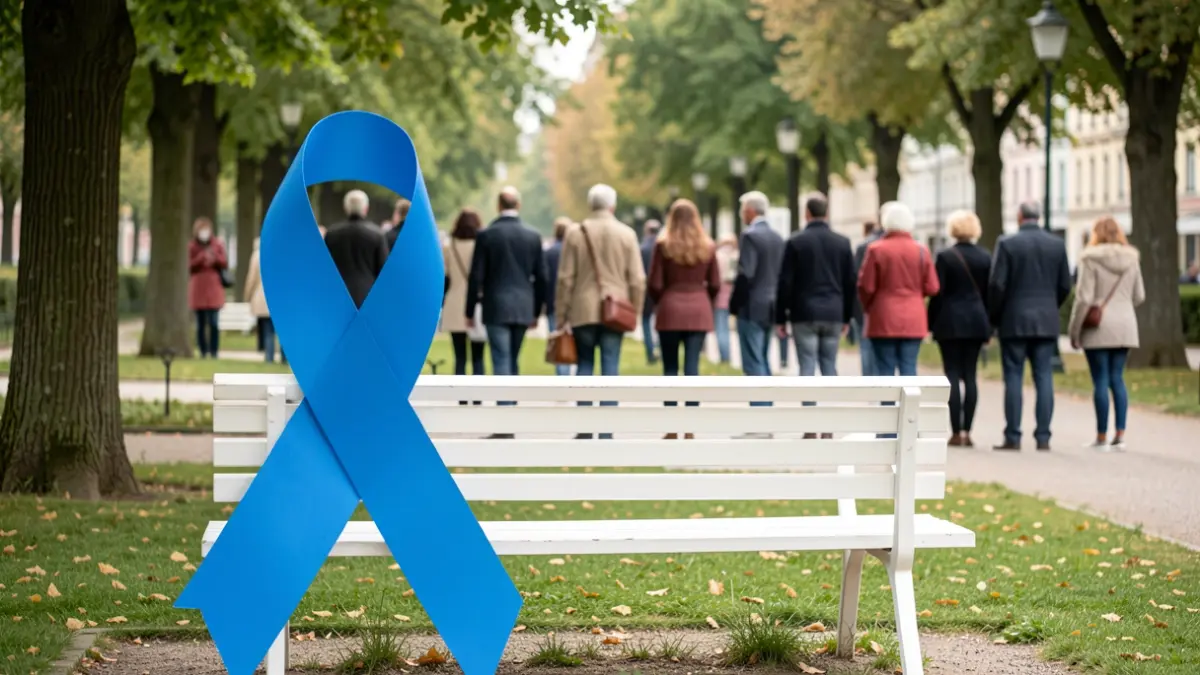 Generic image of a blue ribbon and a white bench in a park, symbolizing awareness for a cause.