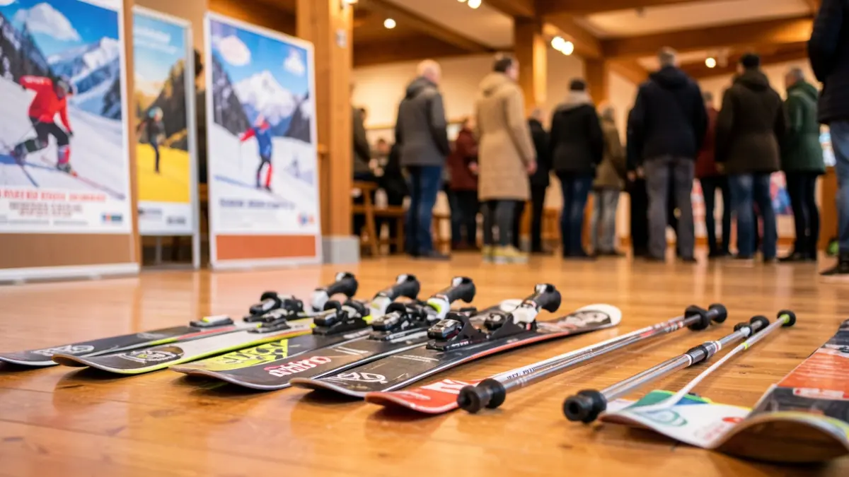 Image générique d'équipements de ski disposés sur un sol en bois, avec des affiches de stations de ski floues en arrière-plan.