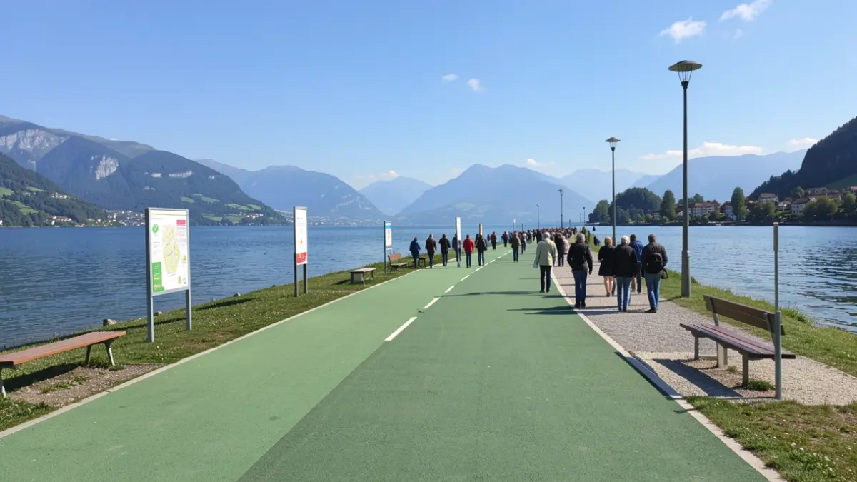 Widening of the Voie Verte along Lake Annecy, with views of the lake and mountains.